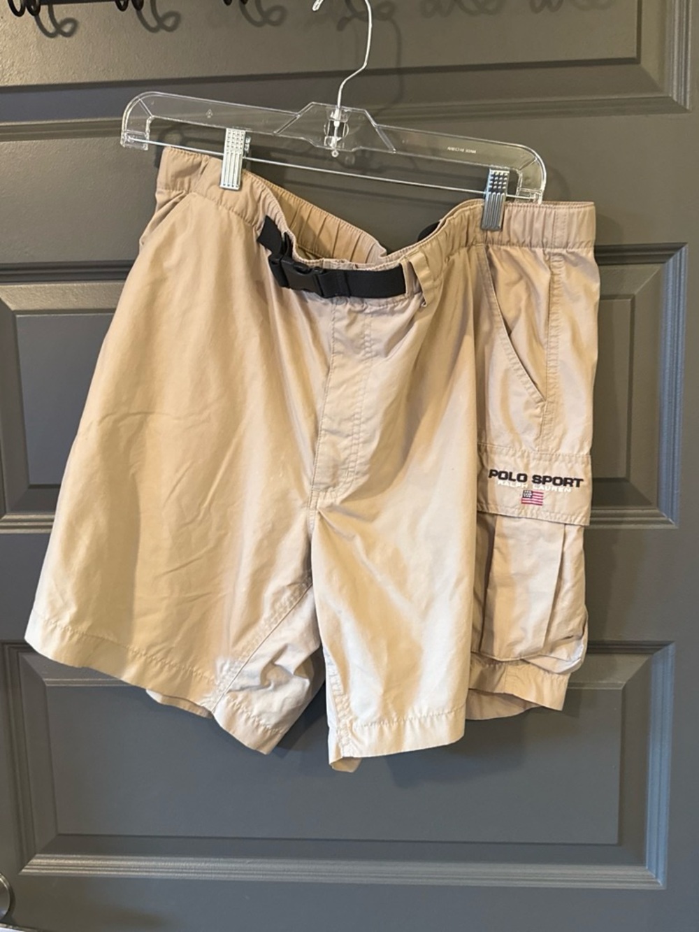 Vintage Polo Sport Ralph Lauren Nylon Cargo Shorts Built-In Belt Beige Men's M